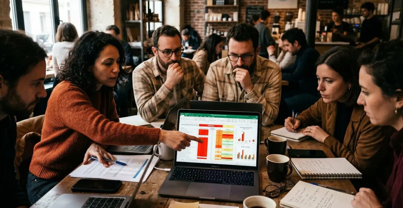 Une équipe marketing face à un tableau Excel plein d'erreurs
