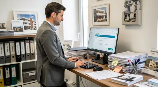 Gestionnaire immobilier dans une agence immobilière utilisant un logiciel de gestion locative pour envoyer un recommandé électronique