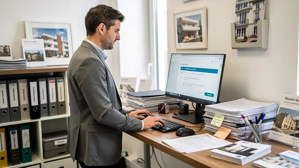 Gestionnaire immobilier dans une agence immobilière utilisant un logiciel de gestion locative pour envoyer un recommandé électronique