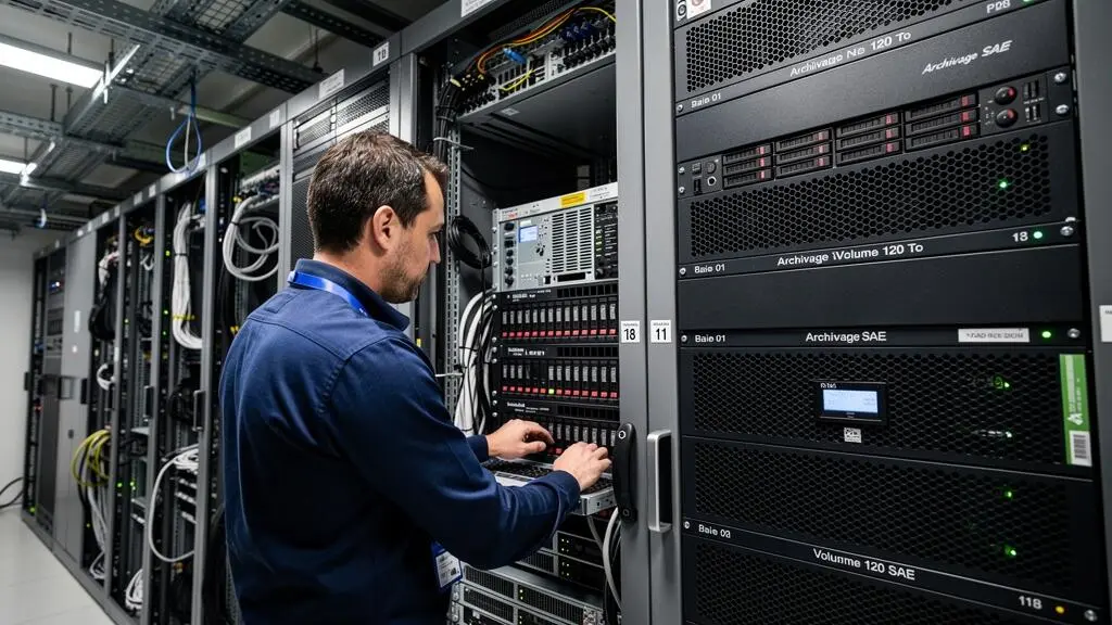 Technicien vérifiant l'infrastructure d'archivage électronique à long terme avec baies de stockage haute capacité dans un data center sécurisé