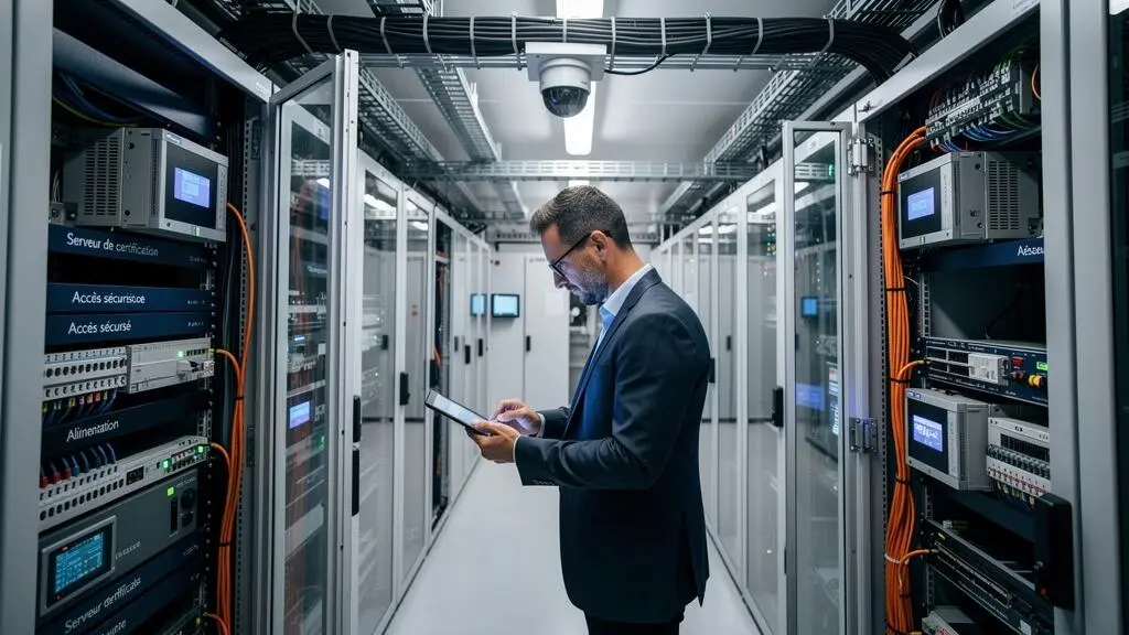 Technicien supervisant l'infrastructure de serveurs de certification électronique dans un data center de prestataire de services de confiance qualifié