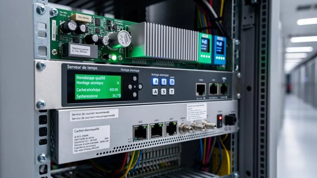 Gros plan sur un serveur d'horodatage qualifié avec modules de synchronisation temporelle dans un data center sécurisé